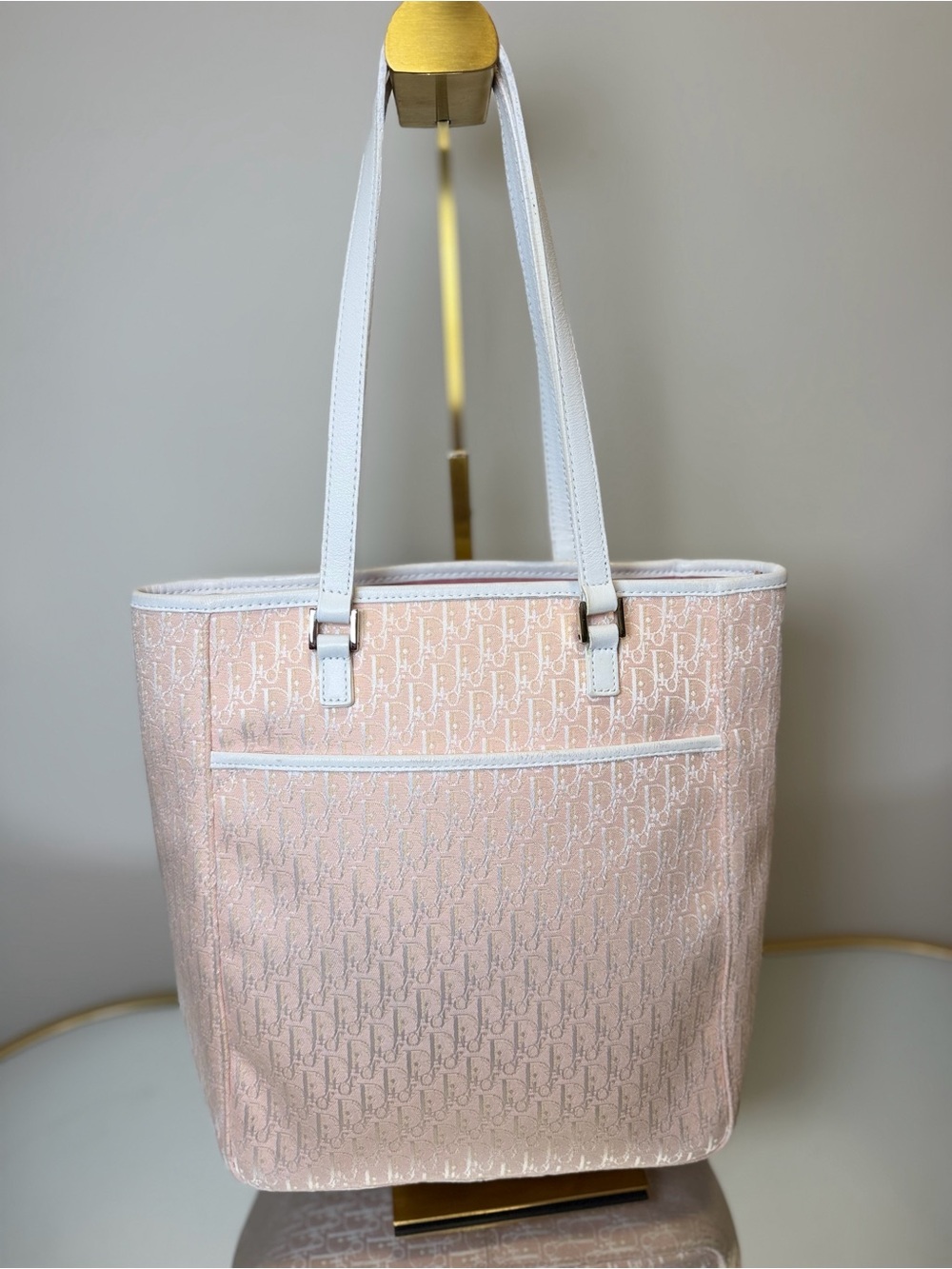 Dior Vintage Pink Trotter Monogram Tote Bag with White Trim